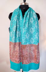Pashmina Silk Stole with Self Weaving and Multicolor Kashmiri Weaving at Borders - Arctic Blue